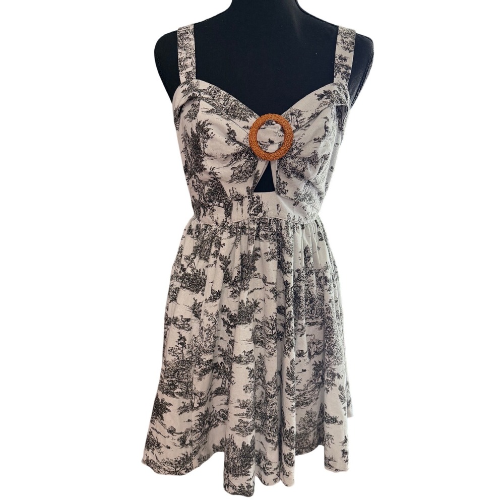 Vestique Toile Print Cutout Sundress Black White Open Back Linen Blend Mediu
